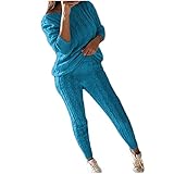 Zweiteiliges Strickpullover-Outfit-Set für Damen, lässig, warm, locker, klobiger Zopfpullover, Tops, Trainingsanzug, lange Hose, Herbst-Outfit, 2-teiliger Anzug, hellblau, M