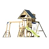 AXI Mitch Spielturm aus Holz in Braun mit Doppelschaukel | Spielplatz für Kinder mit Hellgrüner Rutsche, Schaukel, Trapez, Kletterwand, Aussichtsturm & Sandkasten | Stelzenhaus für den Garten