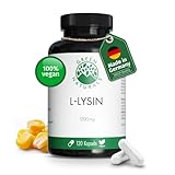 L-Lysin - Hochdosiert: 1200 mg - 120 Kapseln (2 Monate Vorrat) - Fermentiert aus Mais - 100% natürlich, rein und vegan - Apothekenqualität - Laborgeprüft in Deutschland - Green Naturals®