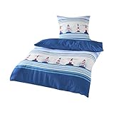 Traumschlaf Seersucker Bettwäsche Bügelfrei Set maritim sommerlich frisch im Leuchtturm Design mit Reißverschluss 135x200 cm + 80x80 cm