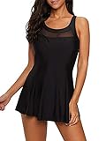 Durio Badekleid Damen Badeanzug Bauchweg Push Up Einteilig Netzstoff Rückenfrei Elegant Bademode mit Cups Schwimmkleid Swimsuit Schwarz 44 (Tag Size XL)
