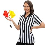 Schiedsrichtertrikot für Damen, Reißverschluss, Kragen, Schiedsrichtertrikot mit Pfeife, rote und gelbe Straffahnen für Halloween-Kostüme, 4 Stück, Schwarz weiß gestreift, Klein