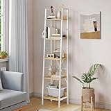 YITAHOME Schmal Bücherregal mit 5 Ebenen 35 cm Breit, Industrielles Leiterregal Standregal Holzregale und Metallrahmen, Modernes Regal für Wohnzimmer, Weiß und Eiche
