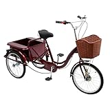 DSYOGX Dreirad für Erwachsene, Verstellbares Höhe 8 Gänge 3 Rad Fahrrad Erwachsener Pedal-Dreiräder mit 330L Kapazität Rückenkabine für 155-180cm Höhe Erwachsene und Senioren, Weinrot