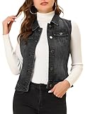 Allegra K Damen Jeansweste Ärmellos Knopfleiste Sommer Denim Revers Jacke Westen mit Taschen Schwarz M