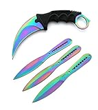 KOSxBO® 4er Messerset Rainbow - 3X Wurfmesser und 1x CSGO Karambit Messer - Gürtelmesser - Taschenmesser - Throwing Knife - Messer mit Scheide - Trainingsmesser