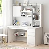 Moderner Schreibtisch mit Ablagefach und Stall, weißer Holz-Schreibtisch mit Bücherregal, Schubladen und Regalen, 120 x 45 x 164 cm, ideal für Arbeitszimmer und Computer