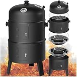 tectake® 3in1 Holzkohlegrill Smoker Räucherofen, Smoker Grill mit Thermometer und regulierbarem Luftabzug am Deckel, Wasserschale zum Dampfgaren, Holzkohle Grill mit Kohleschale und Ascherost, schwarz