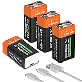 4 Stück 9V Wiederaufladbare Akkus 3800 mWh 9V Lithium Block Akkus mit hoher Kapazität für Rauchmelder, Mikrofone, Alarmanlagen, Spielzeug, Taschenlampen, medizinische Geräte usw