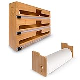 bir-Store, (verbessert) 4 in 1 Folienschneider mit optional Küchenrollenhalter - Folienspender in der Schublade, hängend, Papierrollenhalter Wandrollenhalter aus edlem Bambusholz
