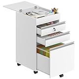Hzuaneri Rollcontainer, Aktenschrank, abschließbarer Büroschrank mit 3 Schubladen, zusätzlichem Stauraum Oben, Schubladenschrank für DIN A4, Letter, für Büro, Homeoffice, Weiß FC41003XV1