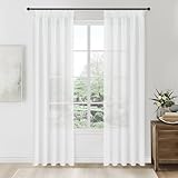 Topfinel Voile Gardinen Vorhänge mit Kräuselband in Leinen-Optik Transparent für Wohnzimmer Schlafzimmer Fenster Einfarbige Weiß 2er Set 140x245cm (BxH)