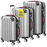 Monzana® 3tlg. Kofferset Baseline Hartschalen Koffer M-L-XL Gel-Griffe 4 Rollen Kantenschutz Schloss Standfüße Trolley Rollkoffer Reisekoffer Silber