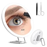 Junyaoxuan Vergrößerungsspiegel mit 30-facher Vergrößerung und Licht, 15,2 cm großer Make-up-Spiegel, 3 Farben, dimmbarer Make-up-Spiegel mit Tischständer, tragbarer LED-Vergrößerungsspiegel mit 3