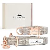 FREUDENTIER® Hundehalsband und 3-Fach verstellbare Führleine (2m) im eleganten Set, edle Geschenkbox, pflegeleicht & Winterfest | Das Original (37-58cm)