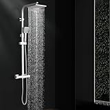 HOMELODY Duschsystem mit Thermostat Chrom, Duscharmatur Komplettset Messing Regendusche mit Armatur inkl. Handbrause, Kopfbrause, Verstellbarer Duschstange