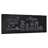 mtb more energy Graviertes Familienschild Türschild Namenschild Familie - frei wähl- und positionierbare Familienmitglieder, Haustiere, Dekoelemente - 25x10 cm - Laser Gravur auf Schiefer