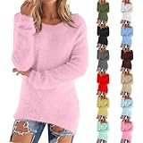 Teddy Fleece Pullover Damen Langarm Rundhals Hohl Pulli Loose Stitching Strick Pullover Frauen Warme Pullis Herbst Winter Casual Sweaters Oberteil Übergröße Ohne Kapuze Basic Plüsch Langarmshirt