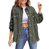 Jeansjacke für Damen, trendig, klassisch, Revers, ausgefranster Saum, Shacket Distresse, lange Ärmel, Jeansjacke, lockere Denim-Jacke, armee-grün, XL
