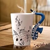 Keramik Kaffeetasse mit Saxophon Henkel, Musik Note Bedruckt Teetasse Geschenk Tasse Keramiktasse Kaffeebecher Für Musiklieber Musik Geschenk, 250ml, Blau