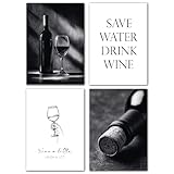 LAVEMA Wein Küchenbilder Schwarz Weiß Wanddeko Esszimmer Poster Set A4 (21x30cm) Bilder Küche Modern Bilderwand stilvolle Küchendeko Kitchen Vintage Wandbilder Aesthetic Wandposter ohne Bilderrahmen