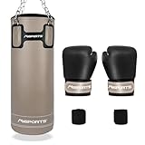 MSPORTS Boxsack-Set Professional 80 x 30 cm, Box-Set mit 1 Paar Boxhandschuhen und Boxbandagen - 25 kg Beige-Schwarz Boxset