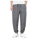 KUKICAT Cargohose Herren Baumwolle Leinen Hose Herren Große Größe Streifen Wideleg Sidepocket Breiter Schnitt Lässig Leicht Bequem Atmungsaktiv, grau, XL