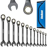 ENEACRO 12-teilig Ringratschenschlüssel Set, 6-19mm, Anti-Rutsch Ringmaulschlüssel, Gabelschlüssel-Ringmaul-Schlüssel-Set，72-Zähne, Cr-V Stahl, Vernickelt, mit Rolltasche