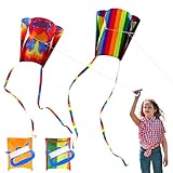 Drachen Kinder 2er-Set, Regenbogen Taschendrachen, Einleiner Flugdrachen mit Streifenschwänze, Kinderdrachen für Anfänger & Familien, Strand & Garten, inkl. 30m Drachenschnur, Flugdrachen Kinder