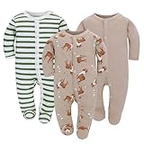 3PCS Baby Schlafstrampler Babychlafanzug Babyschlafsack Baumwolle mit Füßen mit knöpfen Gr. 56 62 68 für Junge Mädchen Neugborenen (Hirsch, 56)