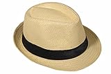 Strohhut Panama Fedora Trilby Gangster Hut Sonnenhut mit Stoffband Farbe:-Beige (Strohhut) Gr:-56