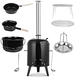 LIFERUN Gulaschkanone Gulaschkessel, Ungarischer Kesselgulasch Topf 17 Liter emailliert mit Deckel, 8L Pfanne, Eintopfofen mit 2 Esslöffel, Grillfunktion Ofen, Kugelgrill mit 85cm Kamin + Thermometer