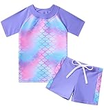 Fanient Mädchen Zweiteiliger Badeanzug Stoffdruck Swimsuit Kurzarm und Shorts Bademode Set 7-8 Jahre