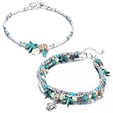 ARHZ Fußkettchen Für Damen，Doppeldeck Fussketten Für Frauen，Fußkette Damen，Böhmen Fußkettchen，Seestern Meeresschildkröte Perlen Fußkettchen，Strandaccessoires Für Damen Und Mädchen