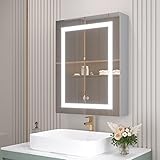 MIRPLUS Medizinschrank für Badezimmer, 66 x 50,8 cm, mit Spiegel, versenkter oder oberflächenmontierter Medizinschrank, LED-Spiegel mit Antibeschlag, eintüriger Badezimmer-Medizinschrank (linke Tür)