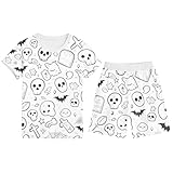 Halloween Kostüm Damen Schlafanzug Pyjama Sets Pyjama-Set für Jungen mit Halloween-Print, kurzärmelig, Rundhalsausschnitt, Shorts, Outfit, bequem, elastische Taille, lässige (White, 5-6 Jahre)