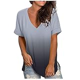 Oberteile Damen Tshirt Mode Einfarbig Bluse Tops V-Ausschnitt Kurzarm T-Shirt Locker Longbluse Einfarbig Tunika Shirts Große Größen Ärmellos Tanktop Blusen & Tuniken für Damen Longtops mit Jeanshose