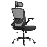 SONGMICS Bürostuhl ergonomisch, Drehstuhl mit Mesh, Lenden- und Kopfstütze, Wippfunktion, 53 cm große Sitzfläche, klappbare Armlehnen, Arbeits- und Schlafzimmer, Studenten, tintenschwarz OBN047B01