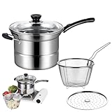 Edelstahl Multifunktion Pot - Mini Fryer, Langgriff Fritteuse mit Frittierkorb - Haushalt tragbarer multifunktionaler Fettbraten, Speckfettbehälter mit Sieb
