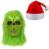 JcvPot Grinch Kostüm Furry Mask 2er Set, Weihnachtliche Grüne Monster Maske Mit Weihnachts Hut, Grinch Kostüm Erwachsene Für Weihnachtsfeiern, Karneval Und Cosplay