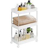 SONGMICS Rollwagen, Küchenwagen mit 3 Ebenen, Küchenregal, Nischenregal, mit 6 Haken, 360° drehbare Räder, Stahlgestell, Bad, Küche, Büro, weiß KSC009W01