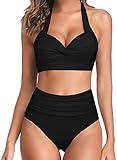 Octopus Trendiger Damen Bügel Bikini 2tlg. Bademode Set High Waist Slip f5517 Farbe: B26(sw)-S11(sw) Bikini Schwarz, Gr. XL