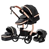 Magic ZC PU-Leder Kinderwagen 3 in 1, Kombikinderwagen 3 in 1 Komplettset mit Umkehrbarem Zwei-Wege-Schub, Buggy mit Zubehör Hohe Landschaft, Faltbarem Tragbarem One-Click-Design (518 Black)