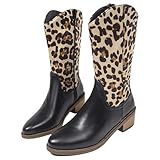 Warme, mittelhohe Stiefel, Leopardenmuster, Stiefel für Damen, mittelhoher Blockabsatz, Schlupfstiefel, Zwickel, Smart, Chelsea, Biker, Cowboy-Look, klobiger Absatz, spitzer Zehenbereich, Stofffutter,