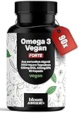 Omega 3 Kapseln Hochdosiert FORTE Vegan - 90 Kapseln - 2000mg Algenöl - 630 mg DHA & 420 mg EPA - Vegan & Produziert in Deutschland - Laborgeprüft