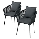 STEELSØN Gartenstuhl Nair 2er Set, Armlehnenstuhl aus Rattan, Balkonstuhl mit Sitzkissen, pulverbeschichtetes Stahlgestell, Dunkelgrau