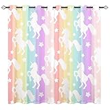 YUANZU Weißes Einhorn Vorhänge Mädchen Regenbogen Streifen Ösen Gardinen mit Blickdichte Vorhang Kälteschutz Blackout Curtain Kinderzimmer Schlafzimmer Verdunkelung Fenster, 2 Stück, H 160 x B 106 cm