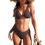 Durio Bikini Damen Set Sexy Knot Triangel Breites Unterbrustband V Ausschnitt Bademode Zweiteiliger Badeanzug Kaffee M