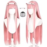 Lshpresx Zero Two Cosplay Perücke Anime Lange Gerade Rosa Kostüm Synthetisches Haar Mit Stirnband + Perückennetz