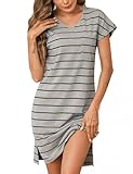Jahetuul Nachthemd Damen Kurzarm gestreift Nachthemden Baumwolle Sommer locker Schlafshirt Mädchen Nachthemd Flügelärmel Nachtwäsche mit Brusttasche